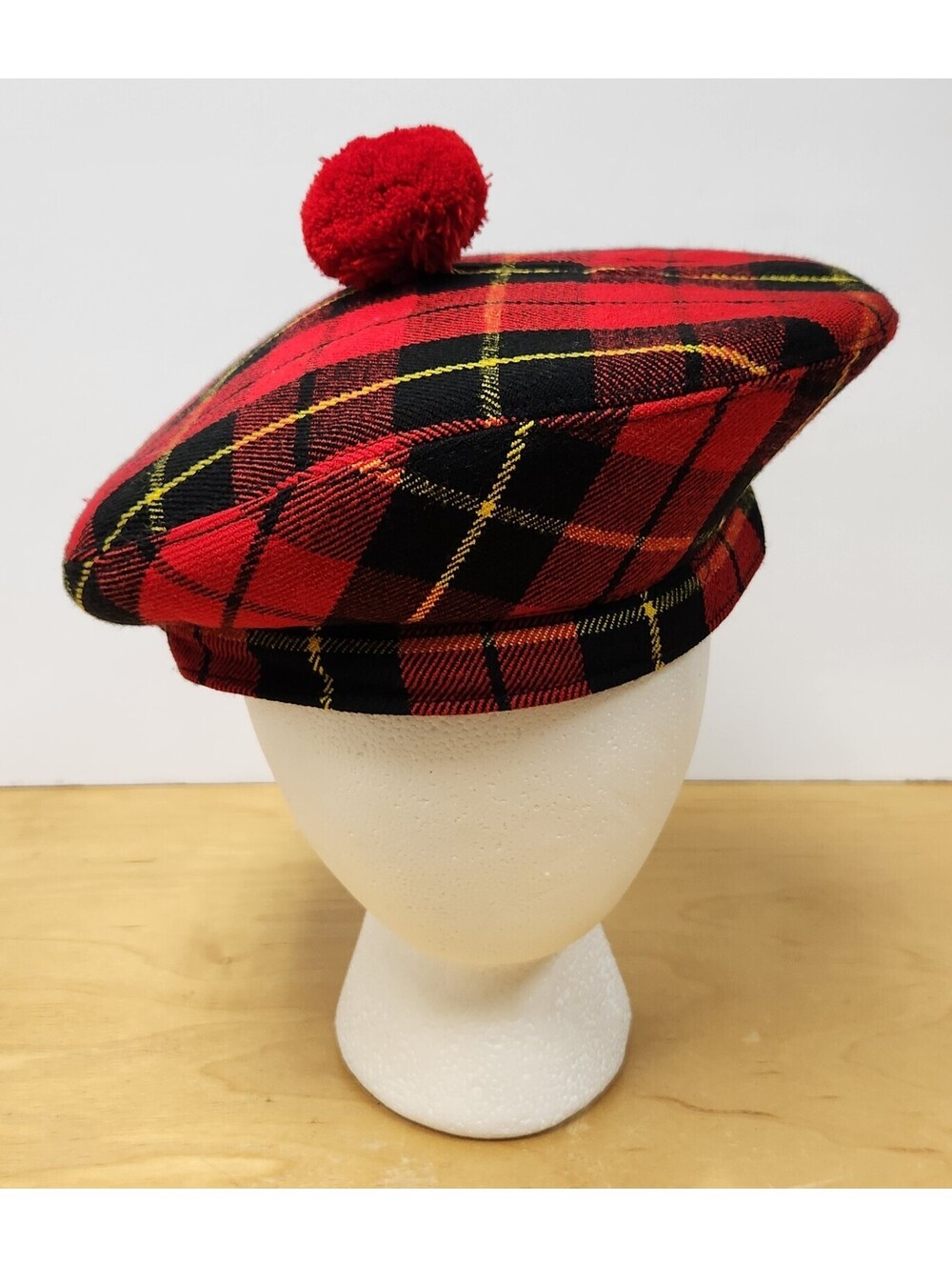 Scottish Tam o' Shanter Hat Wallace Tartan Plaid Wool Bonnet Size 7.5 Large 60cm